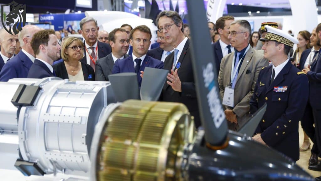 French President Emmanuel Macron visits the Safran trade show display at the Paris Air Show