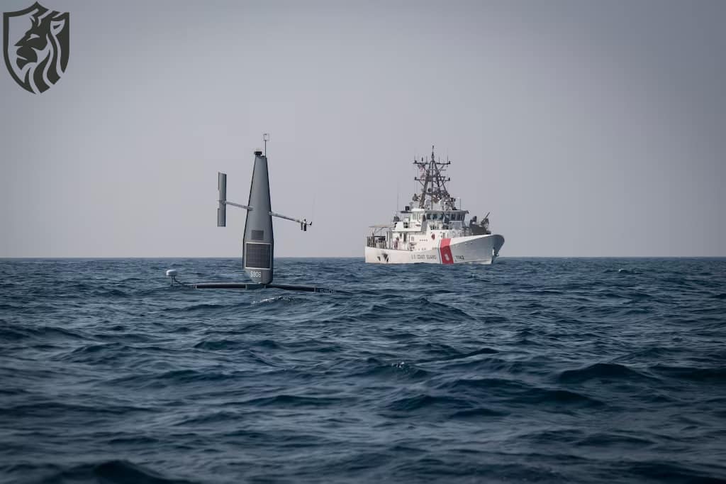 A Saildrone Explorer unmanned surface vessel operates with the U.S. Coast Guard's fast response cutter Robert Goldman in the Arabian Gulf on Oct. 7, 2022. (Chief MC Roland Franklin/U.S. Navy)