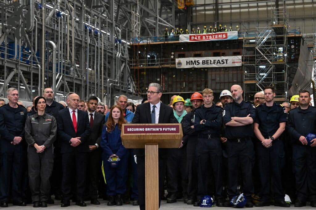 Britain's Prime Minister Keir Starmer delivers a speech during a visit to BAE Systems' Govan facility on June 2, 2025, in Glasgow, Scotland. (Andy Buchanan - WPA Pool/Getty Images)