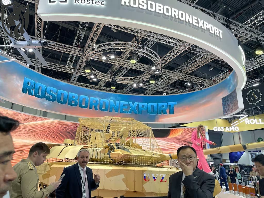 Russian defense companies showcase their weapons at the IDEX arms fair in Abu Dhabi, United Arab Emirates, on Feb. 17, 2025. (Elisabeth Gosselin-Malo/staff)