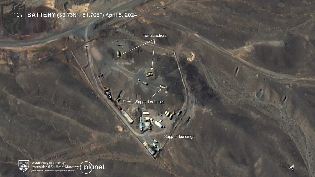 A Planet satellite image, annotated by the James Martin Center, shows radar positions near Iran’s Natanz nuclear facility.