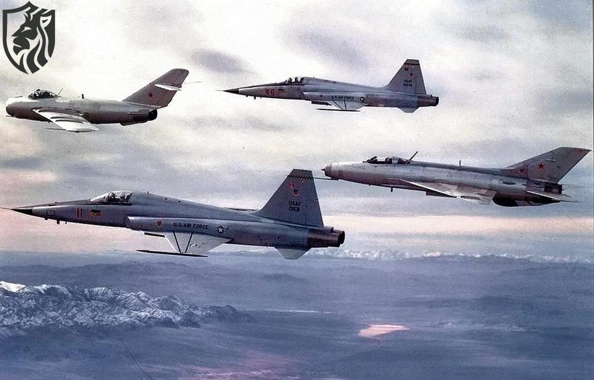 USAF F-5Es flying with a Soviet MiG-17 and MiG-21 of the 4477th Test and Evaluation Squadron.