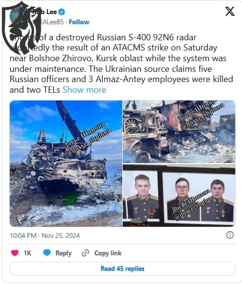 Ukraine's ATACMS Strike Destroys Russian S-400 in Kursk