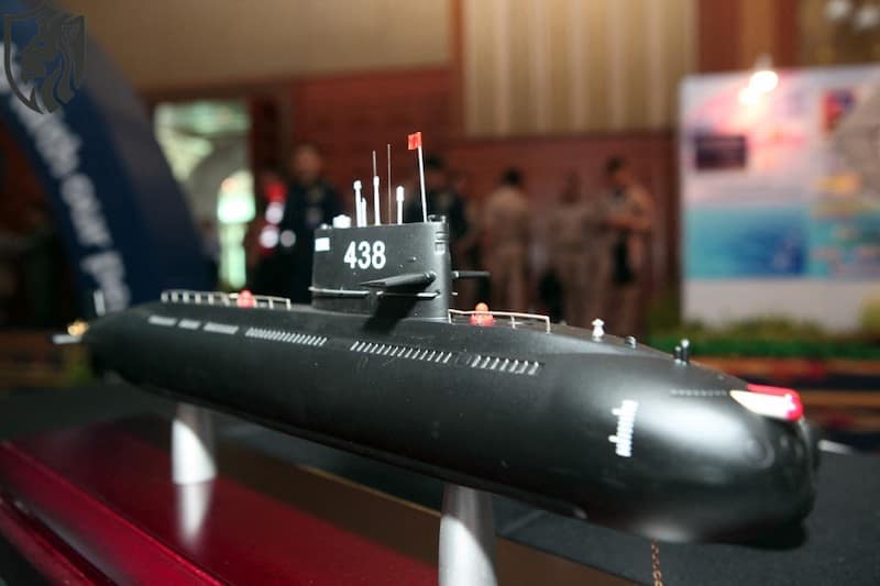 A model of a Yuan Class S26T submarine the navy has agreed to buy from China, is displayed at the Royal Thai Navyís auditorium on 02 August 2017.