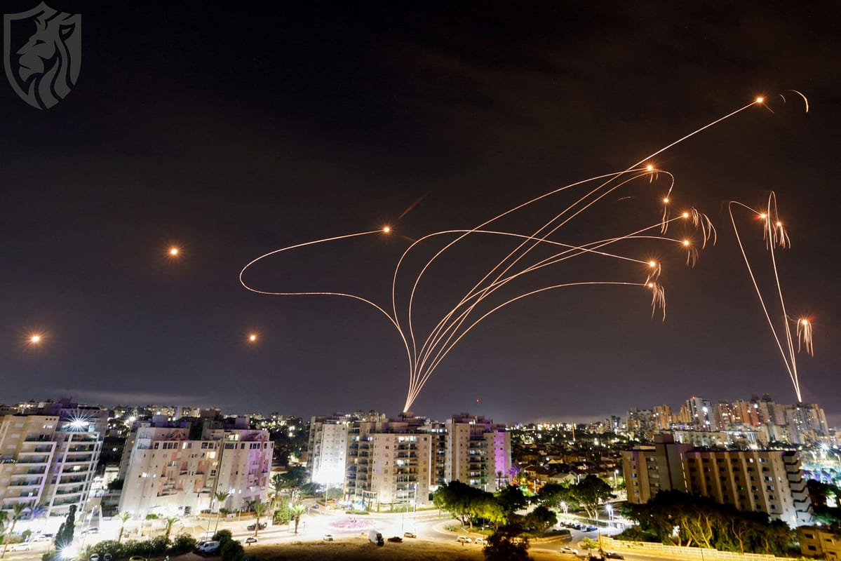 Iron Dome intercepting incoming projectiles.