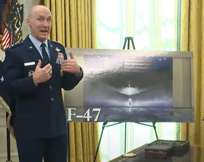 Air Force Chief of Staff Gen. David Allvin presents a display of the F-47, the Air Force's Next Generation Air Dominance fighter. (Screenshot via Defense Department)